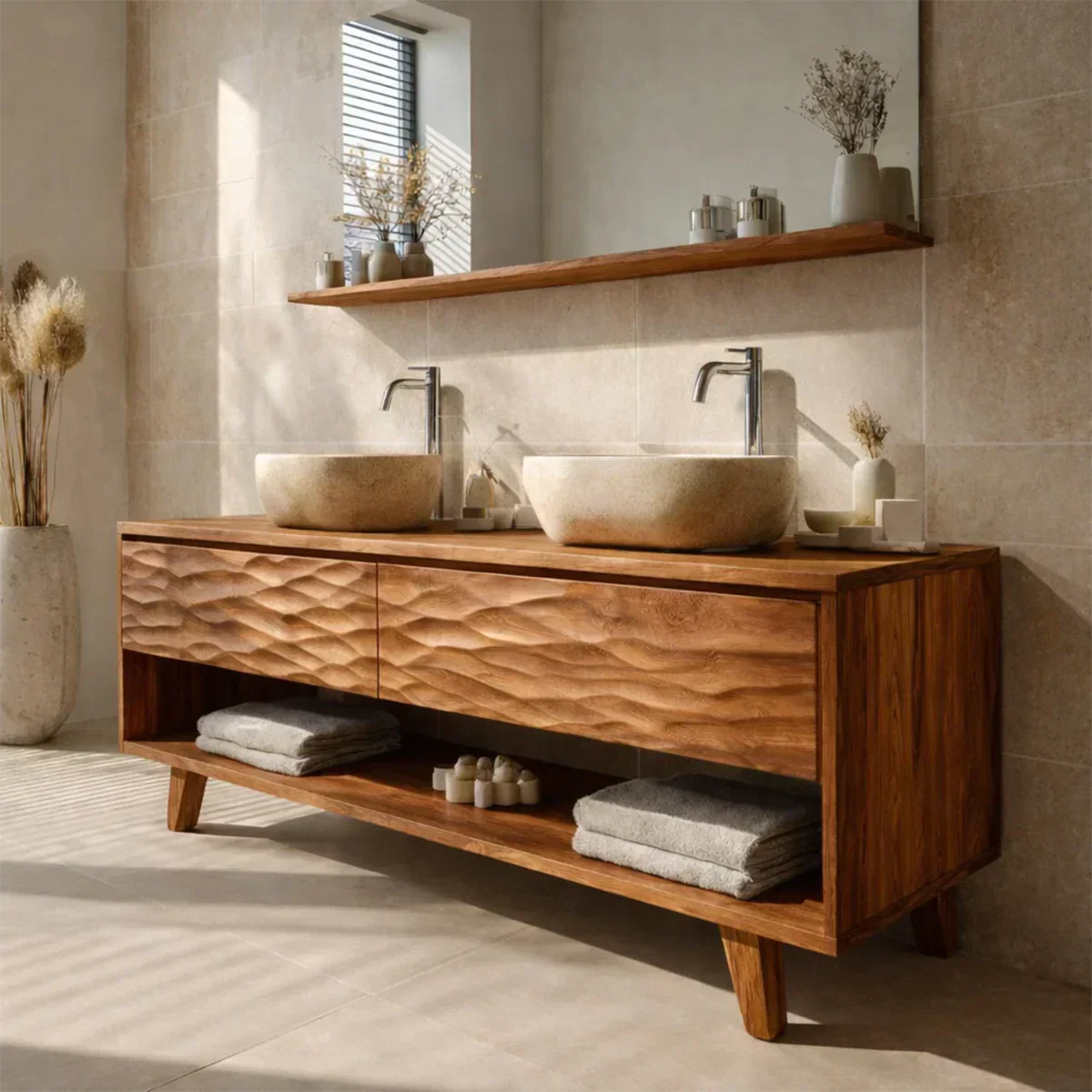 Traditional Solid Wood Bathroom Vanity – Hand Carved Natural Wood Vanity Cabinet - Rustiracraft