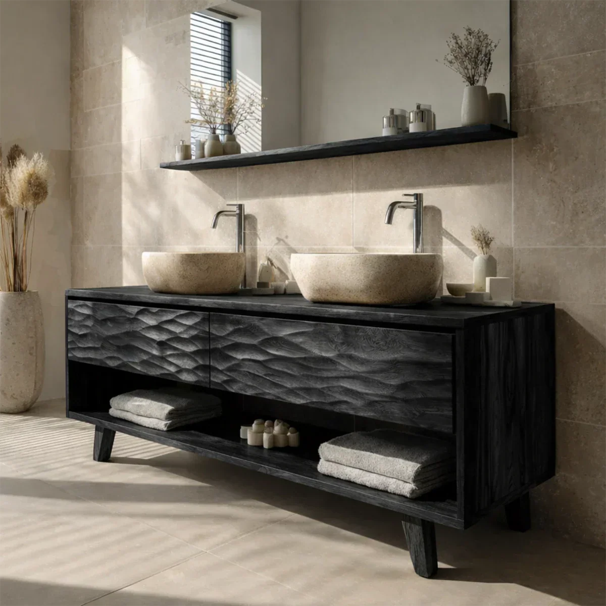 Traditional Solid Wood Bathroom Vanity – Hand Carved Natural Wood Vanity Cabinet - Rustiracraft