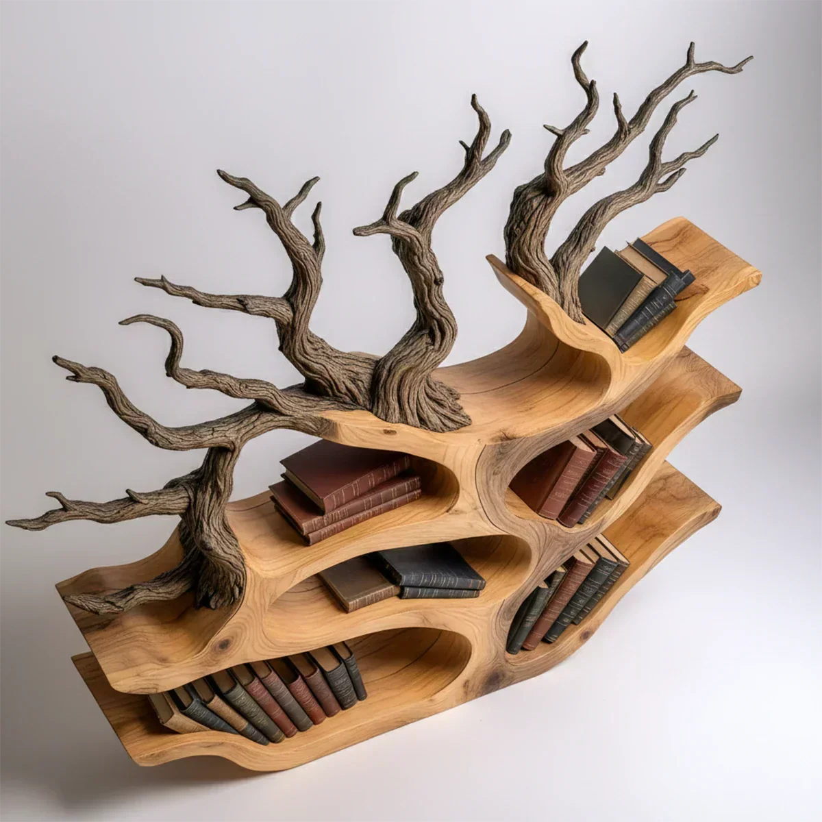 Tree-Shaped Natural Solid Wood Bookshelf – Sculptural Design - Rustiracraft