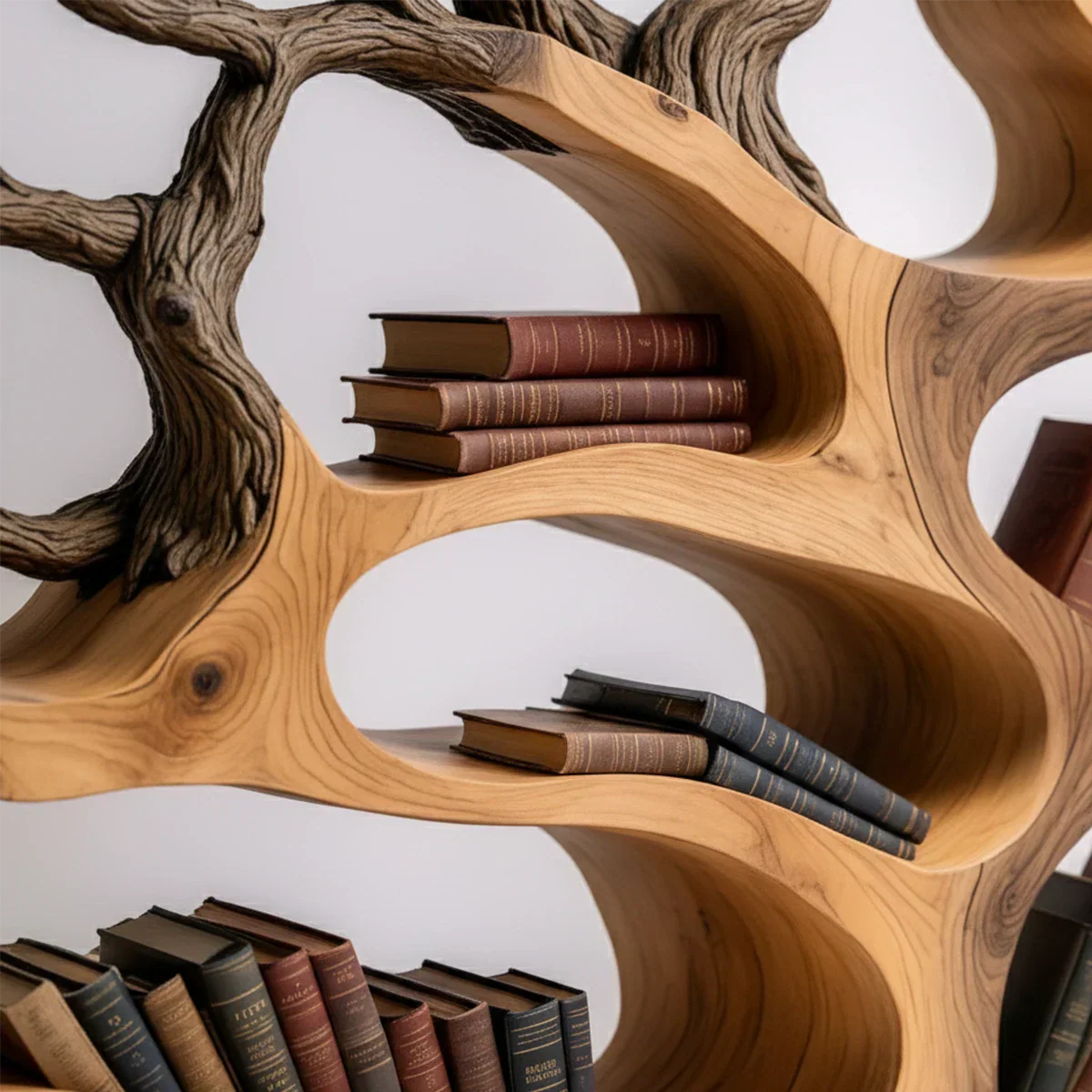 Tree-Shaped Natural Solid Wood Bookshelf – Sculptural Design - Rustiracraft