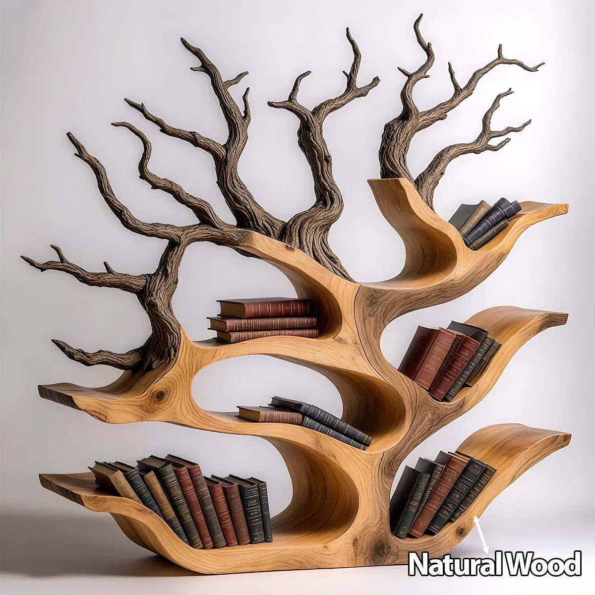 Tree-Shaped Natural Solid Wood Bookshelf – Sculptural Design - Rustiracraft