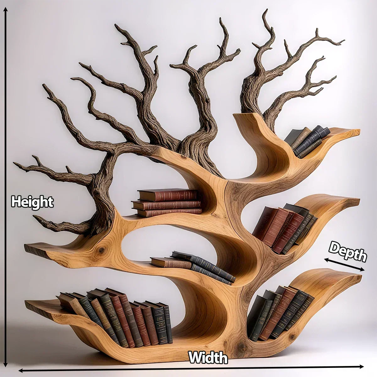 Tree-Shaped Natural Solid Wood Bookshelf – Sculptural Design - Rustiracraft