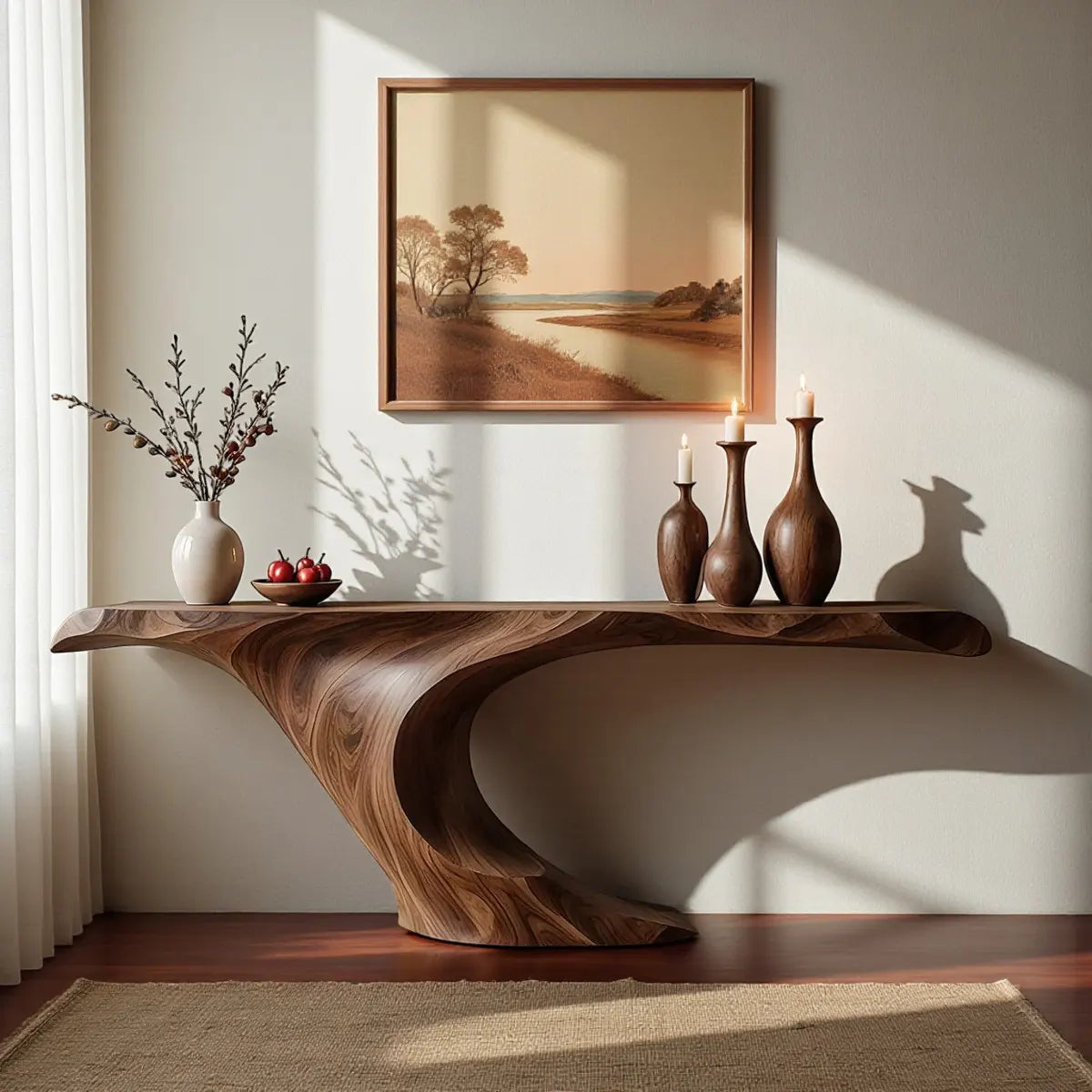 Wave Curve Walnut Console Table – Organic Sculptural Form - Rustiracraft