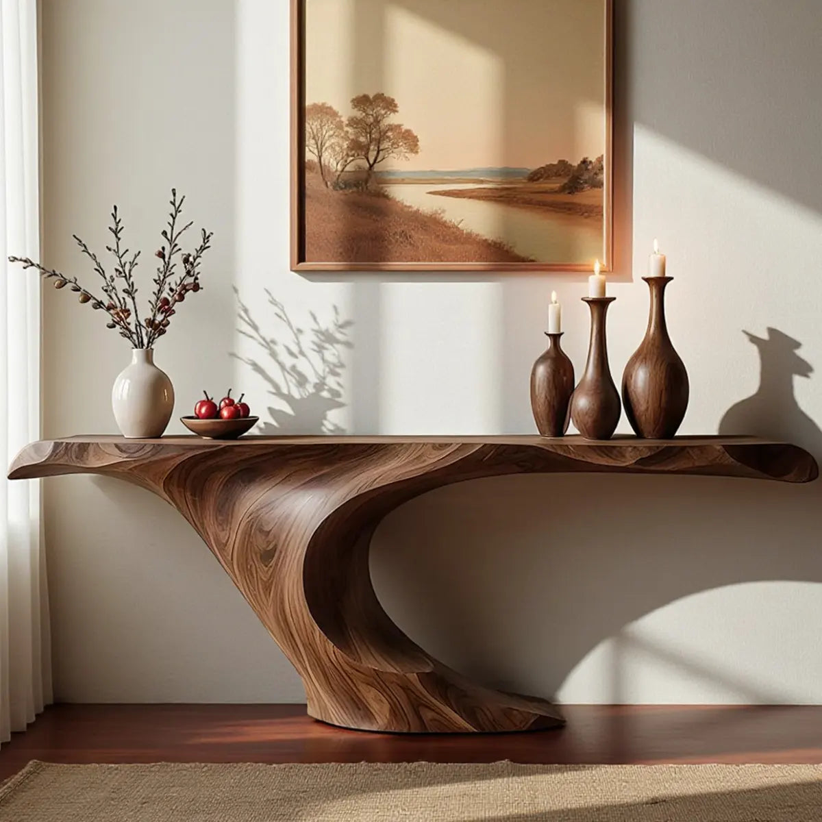 Wave Curve Walnut Console Table – Organic Sculptural Form - Rustiracraft