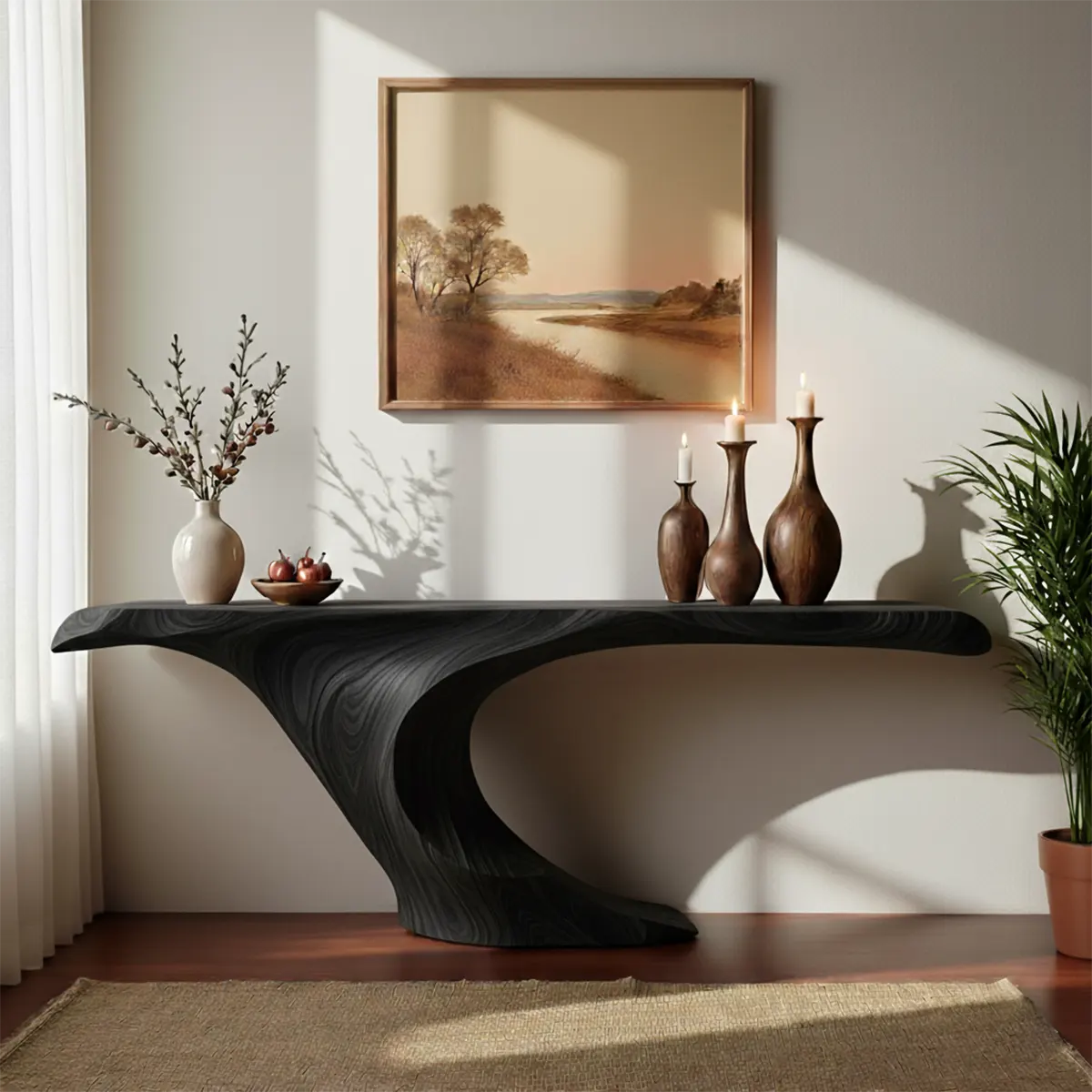 Wave Curve Walnut Console Table – Organic Sculptural Form - Rustiracraft
