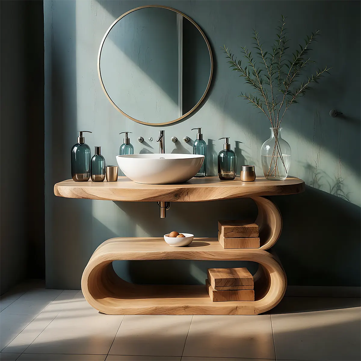 WaveArc Vanity – Solid Wood Bathroom with Zen Curves - Rustiracraft