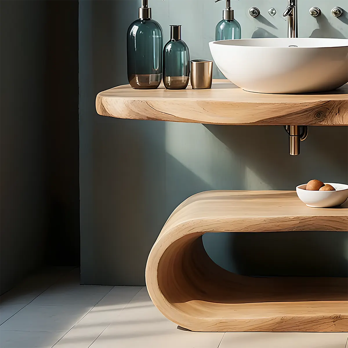 WaveArc Vanity – Solid Wood Bathroom with Zen Curves - Rustiracraft