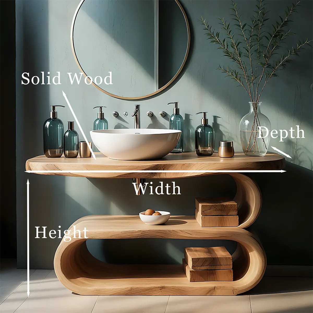 WaveArc Vanity – Solid Wood Bathroom with Zen Curves - Rustiracraft