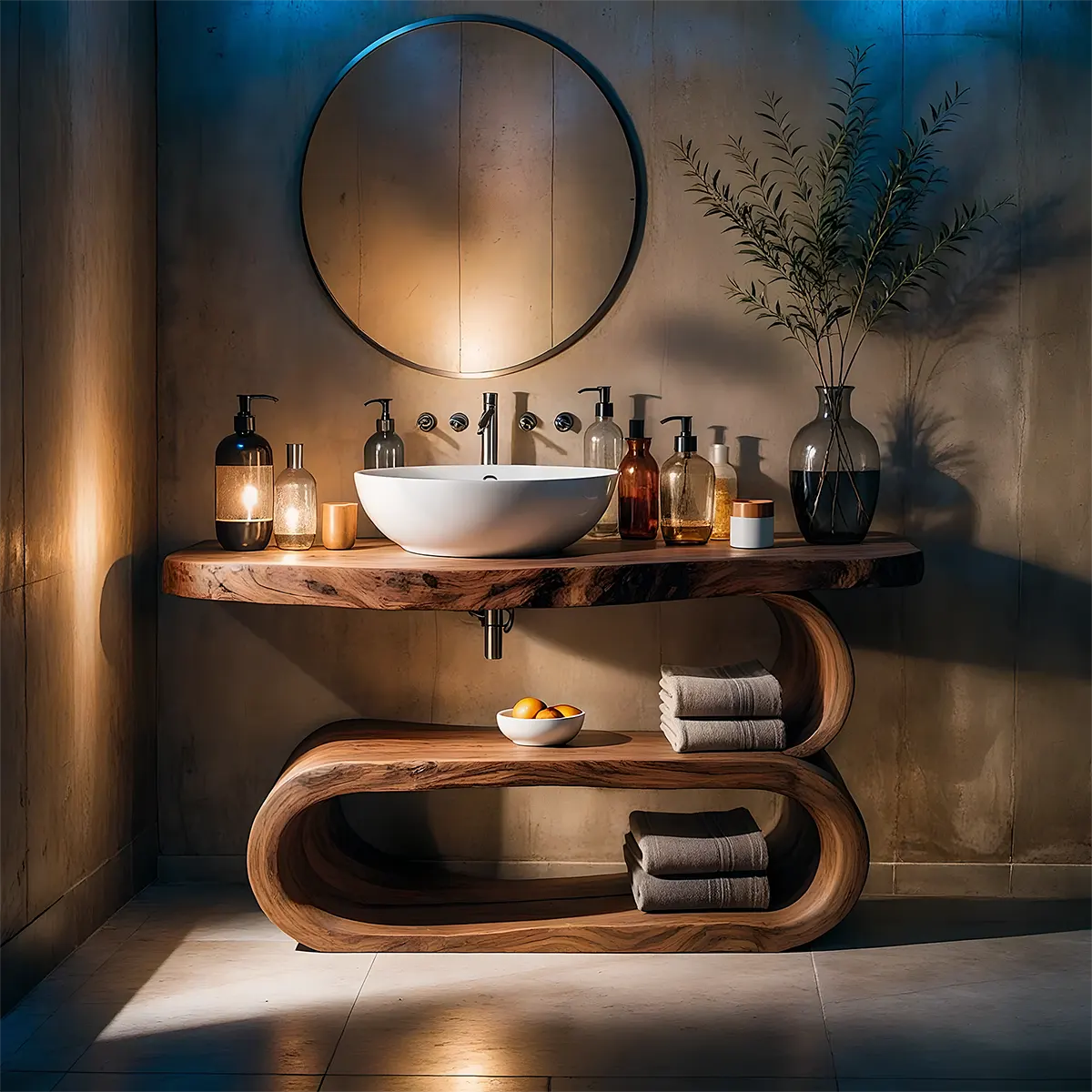 WaveArc Vanity – Solid Wood Bathroom with Zen Curves - Rustiracraft