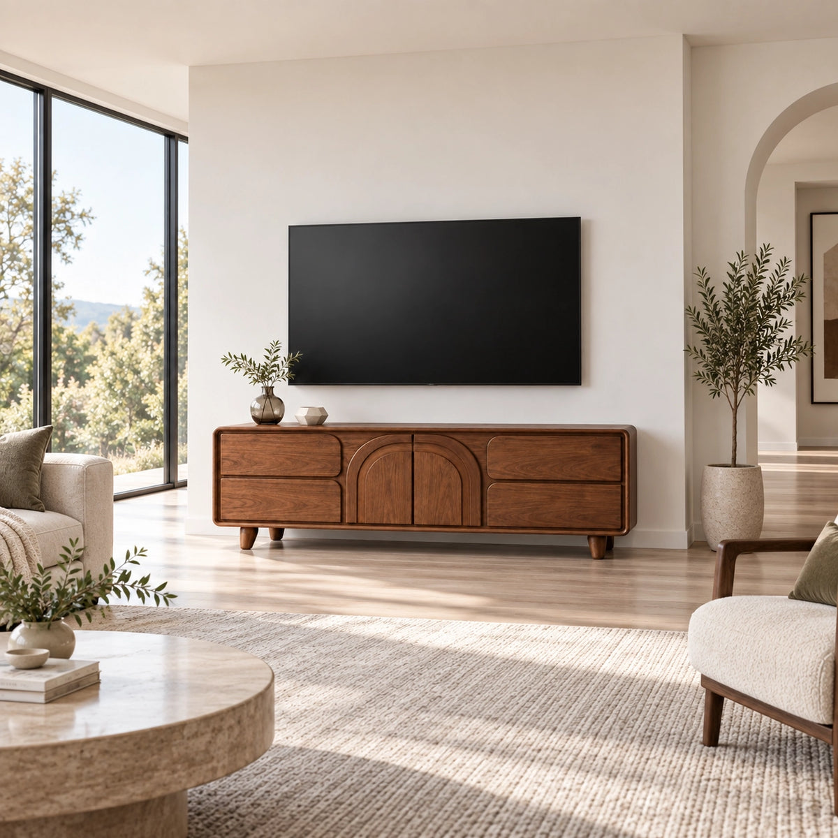 Arched Cabinet TV Stand with Sculptural Natural Solid Wood Design - Rustiracraft - 2