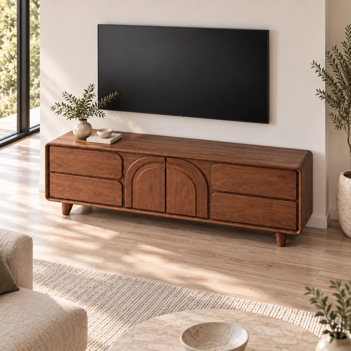 Arched Cabinet TV Stand with Sculptural Natural Solid Wood Design - Rustiracraft - 4