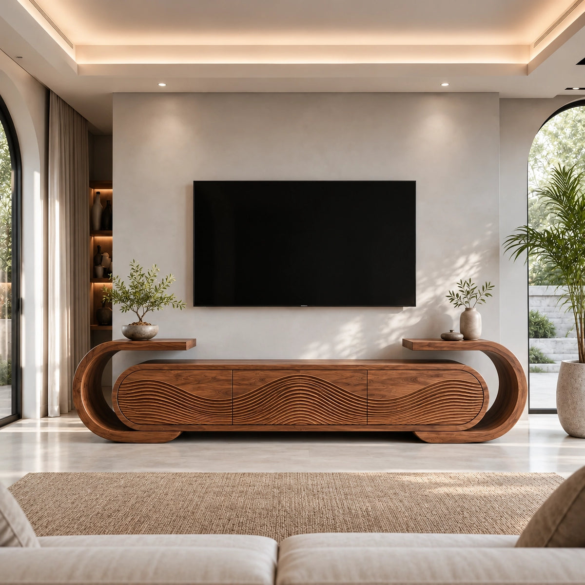 Curved TV Stand with Fluted Natural Solid Wood Doors for Living Room - Rustiracraft - 1