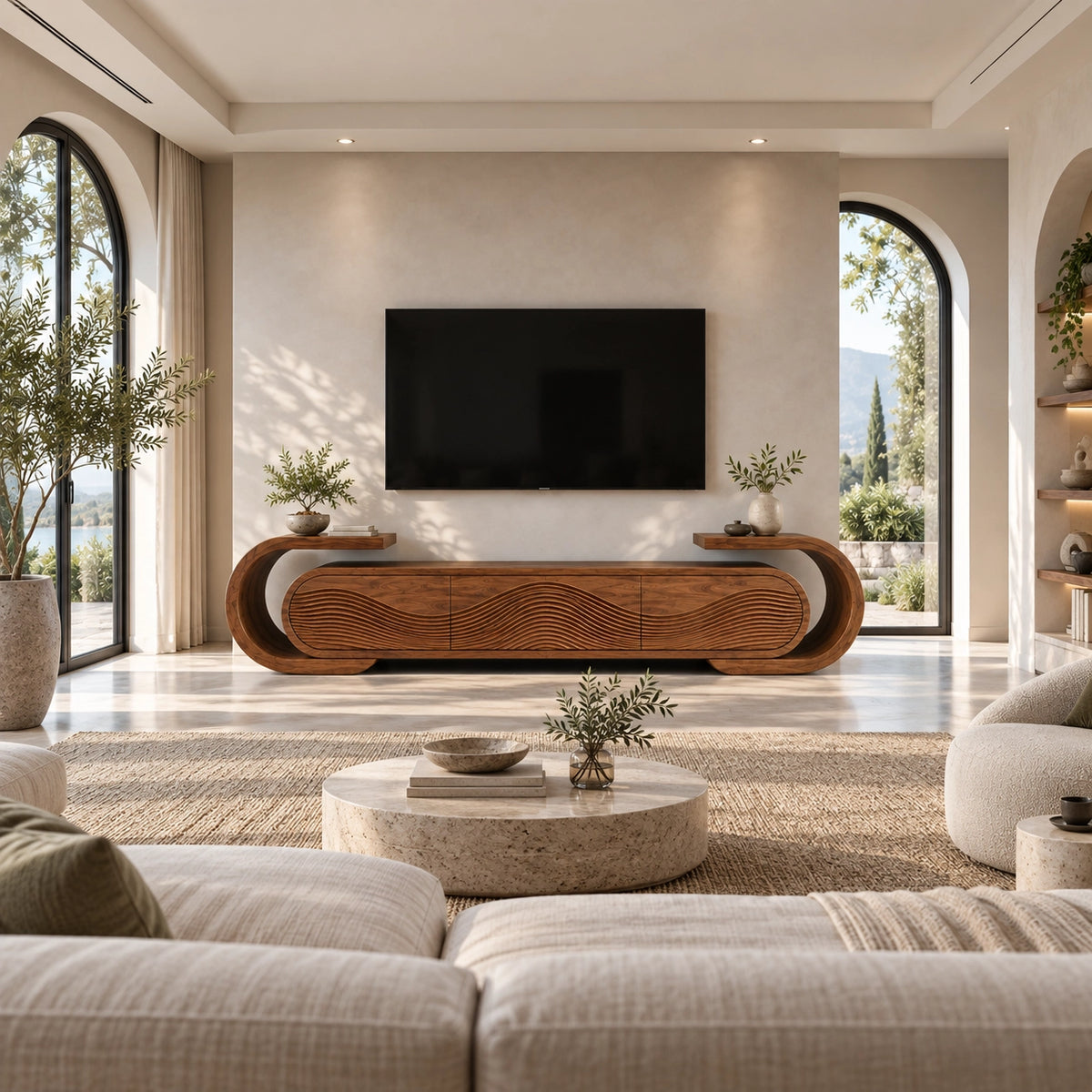 Curved TV Stand with Fluted Natural Solid Wood Doors for Living Room - Rustiracraft - 2