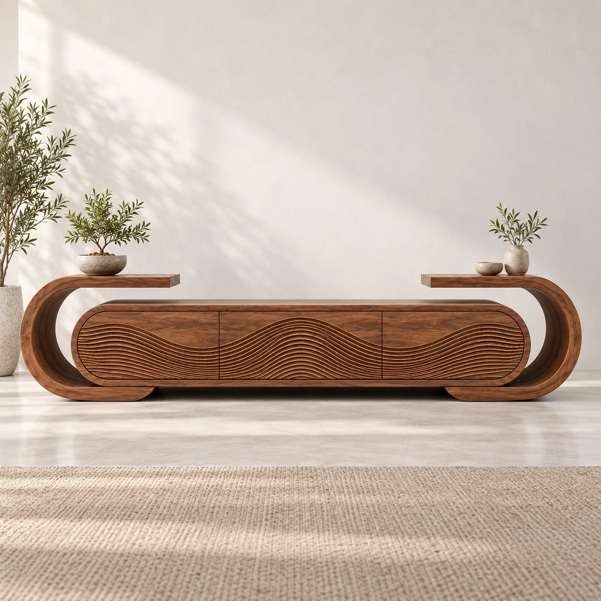 Curved TV Stand with Fluted Natural Solid Wood Doors for Living Room - Rustiracraft - 3