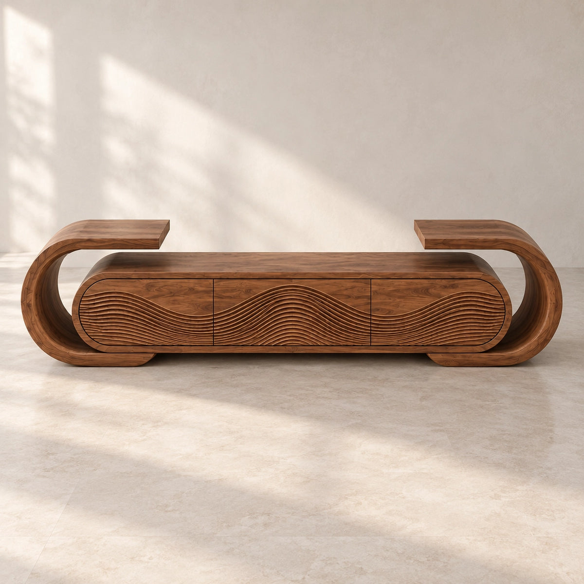 Curved TV Stand with Fluted Natural Solid Wood Doors for Living Room - Rustiracraft - 5