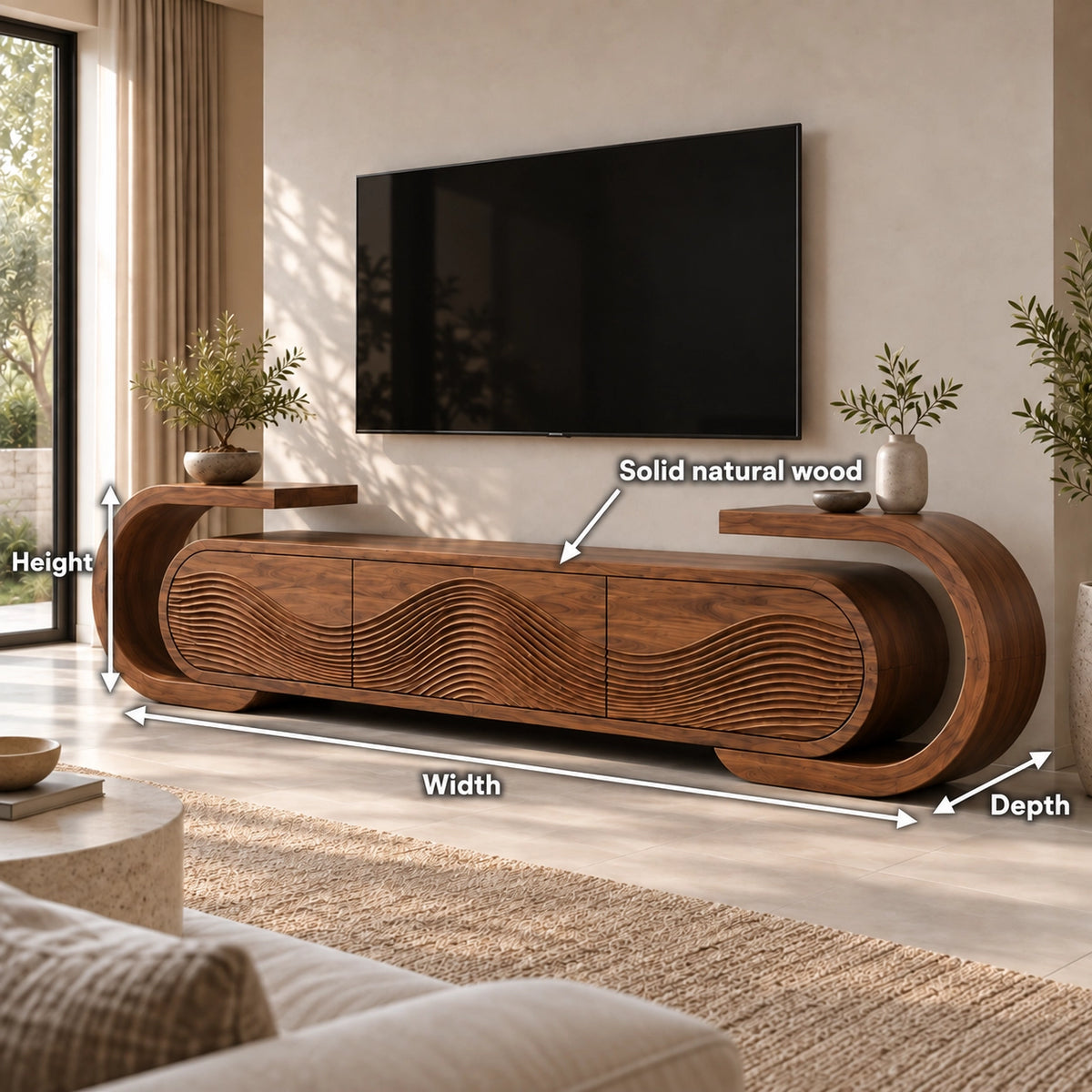 Curved TV Stand with Fluted Natural Solid Wood Doors for Living Room - Rustiracraft - 6
