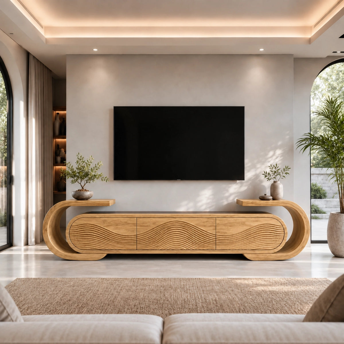Curved TV Stand with Fluted Natural Solid Wood Doors for Living Room - Rustiracraft - 8