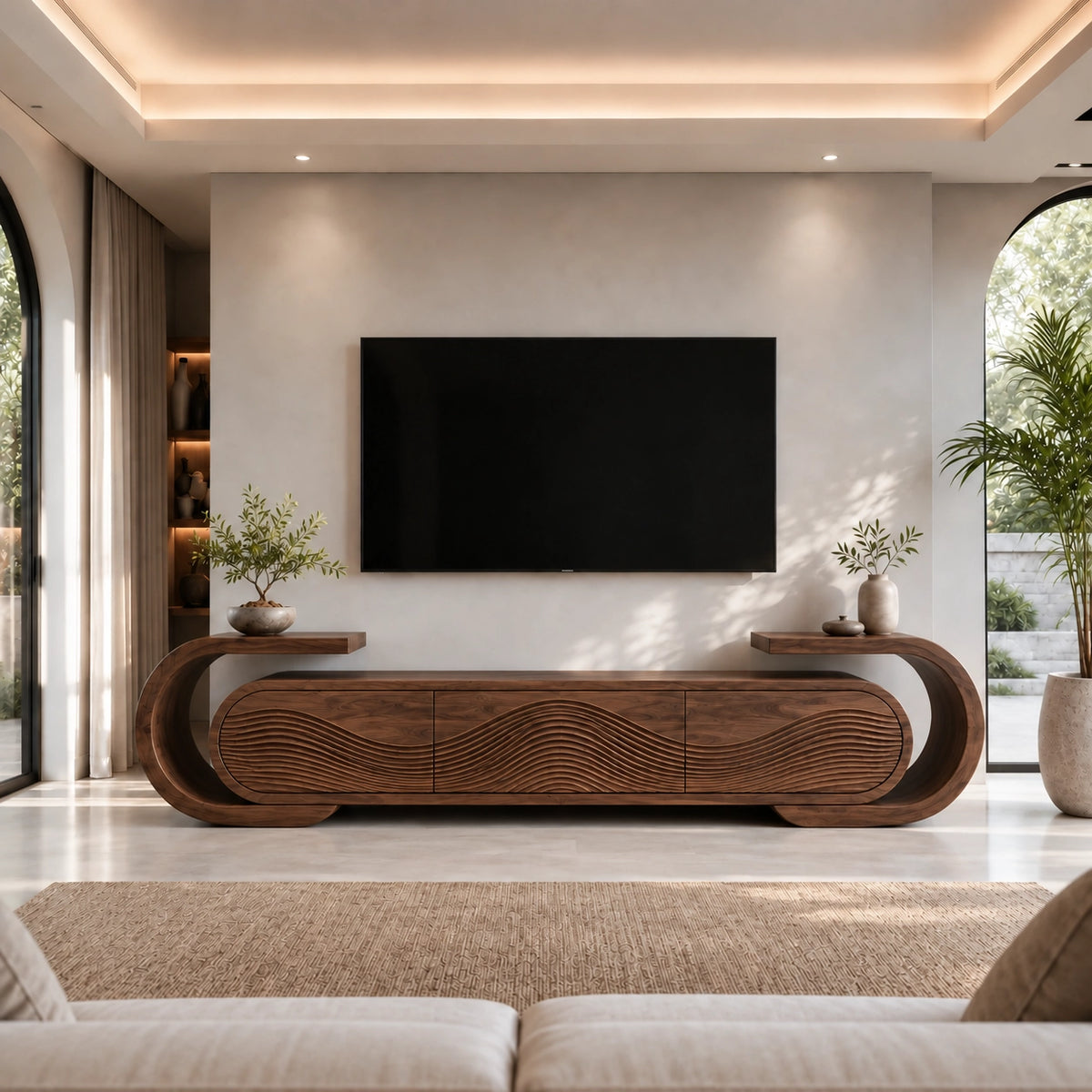 Curved TV Stand with Fluted Natural Solid Wood Doors for Living Room - Rustiracraft - 9