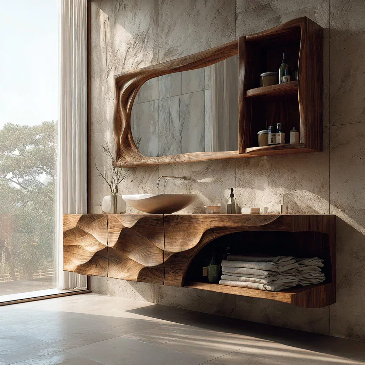 Floating Solid Wood Bathroom Vanity – Hand-Carved Natural Wood Storage Cabinet - RustiraCraft