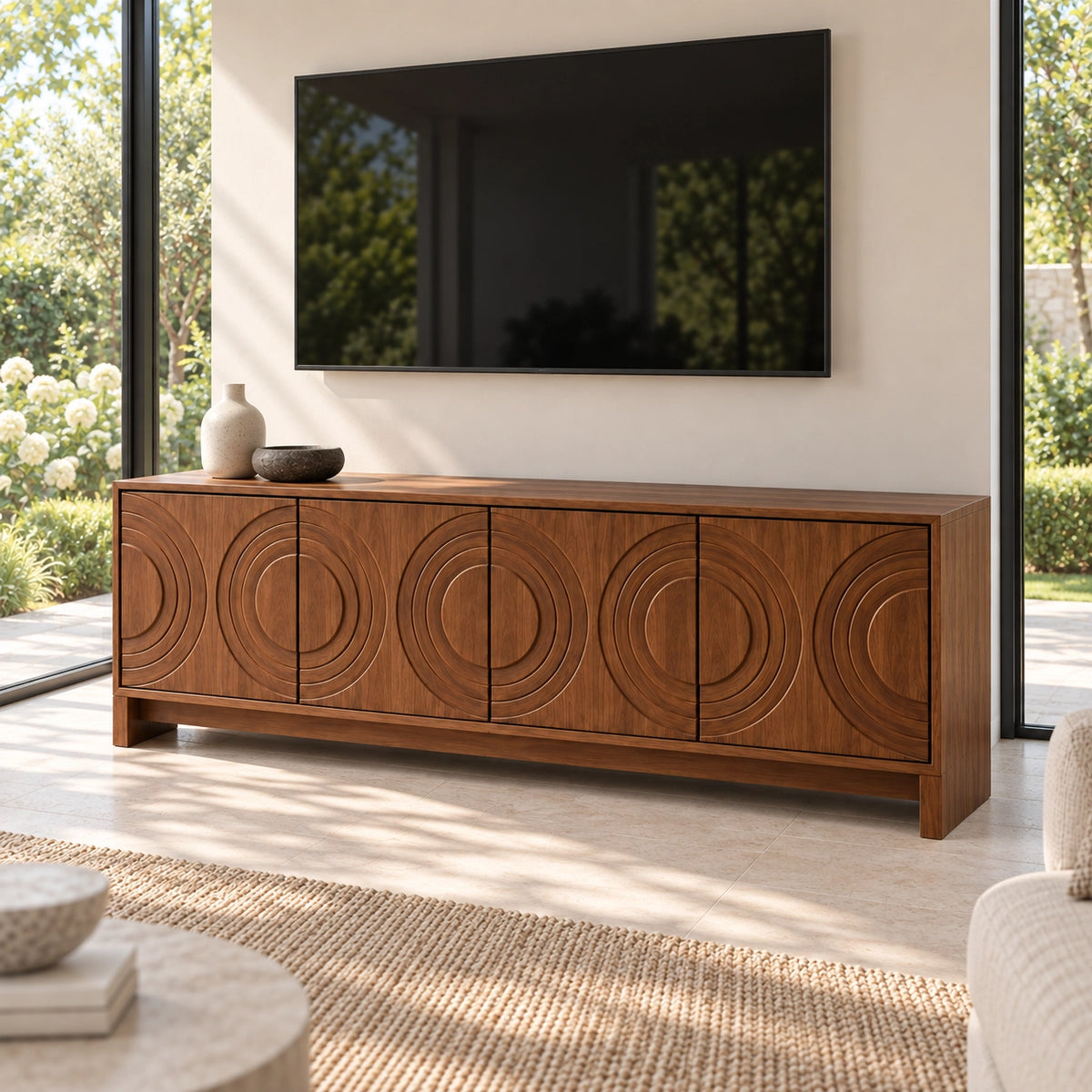 Geometric TV Stand with Concentric Circle Doors in Natural Solid Wood - Rustiracraft - 1