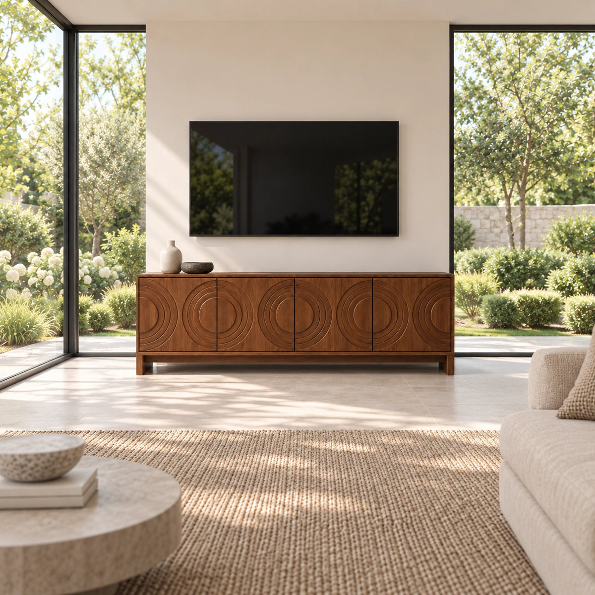 Geometric TV Stand with Concentric Circle Doors in Natural Solid Wood - Rustiracraft - 2