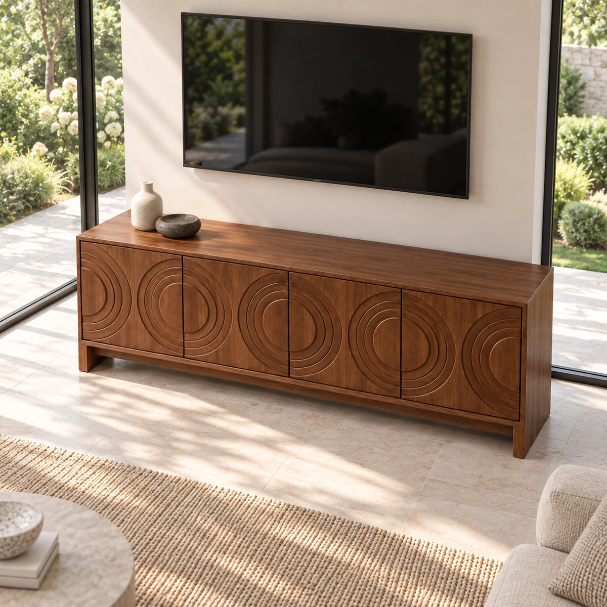Geometric TV Stand with Concentric Circle Doors in Natural Solid Wood - Rustiracraft - 4