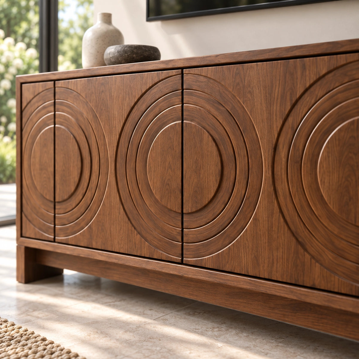 Geometric TV Stand with Concentric Circle Doors in Natural Solid Wood - Rustiracraft - 5