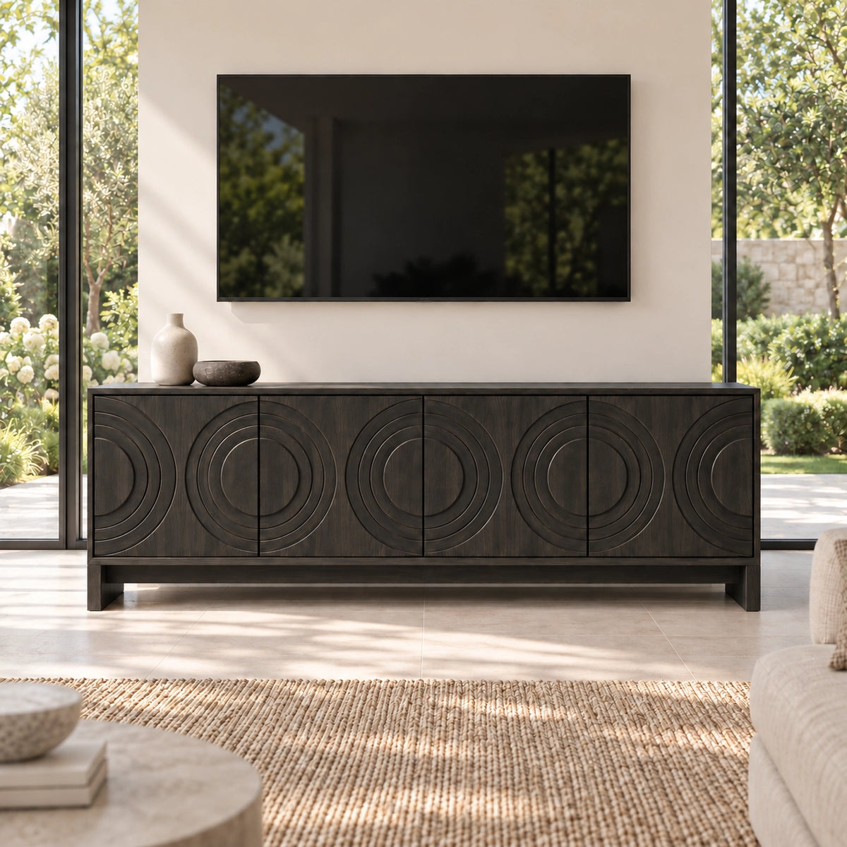 Geometric TV Stand with Concentric Circle Doors in Natural Solid Wood - Rustiracraft - 7
