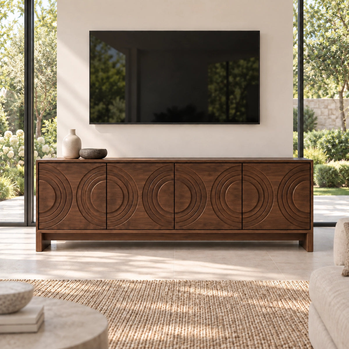 Geometric TV Stand with Concentric Circle Doors in Natural Solid Wood - Rustiracraft - 9