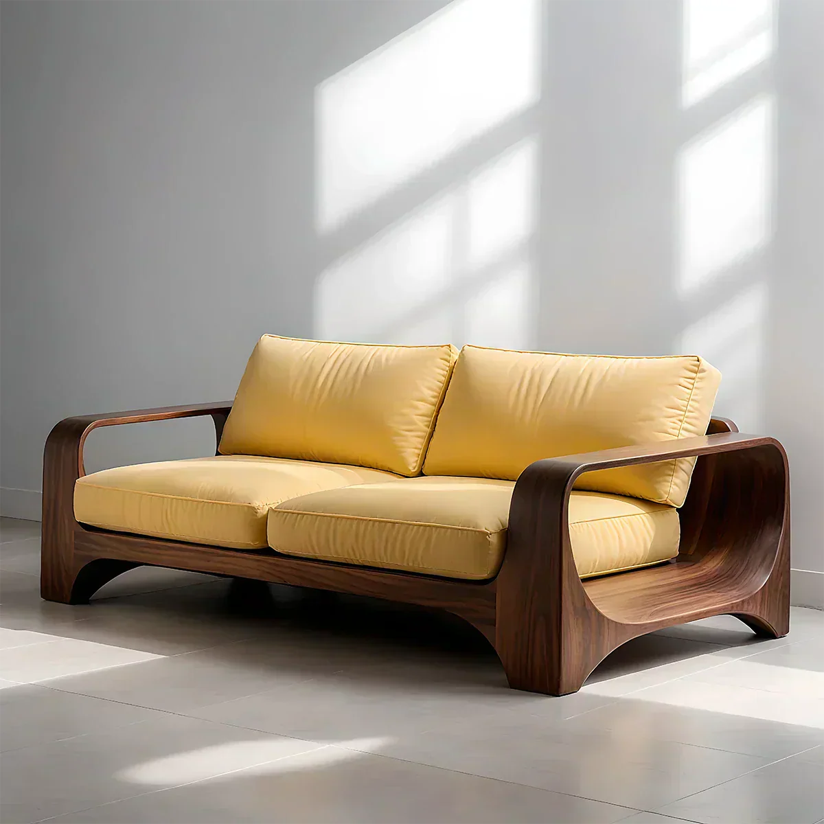 Handcrafted Natural Solid Wood Sofa – Rustic Curved Frame – Cotton Cushion Seating - RustiraCraft