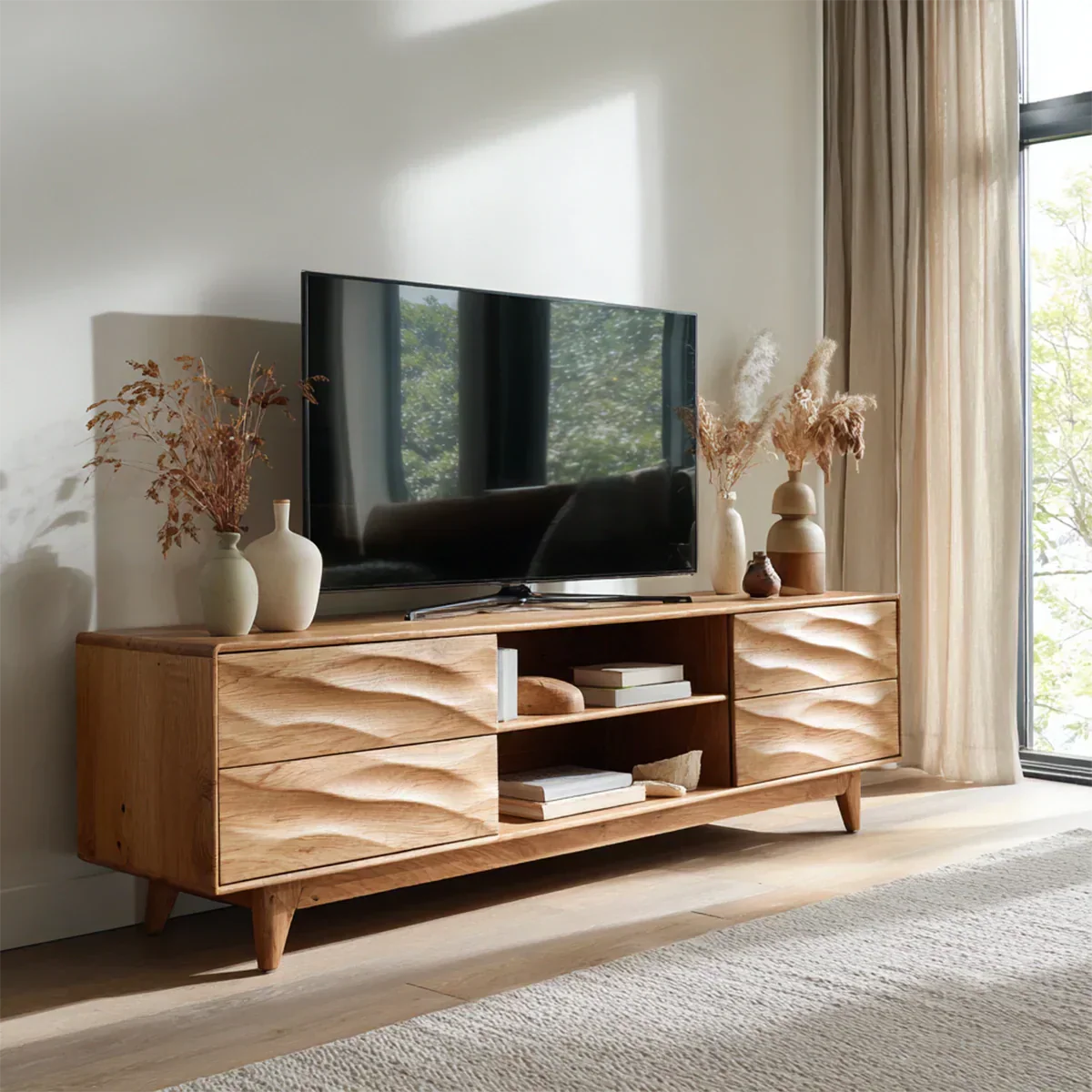 Handcrafted Solid Wood TV Stand with Sculpted Wave Drawers and Mid Century Frame - RustiraCraft