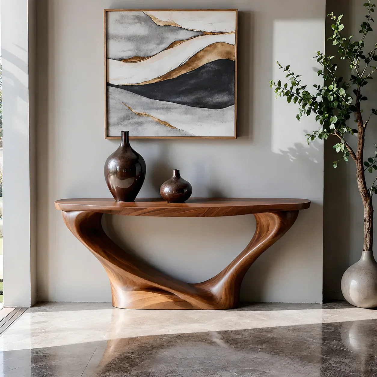 Harmony Arc Walnut Finish Console Table – Handcrafted Elegance - RustiraCraft