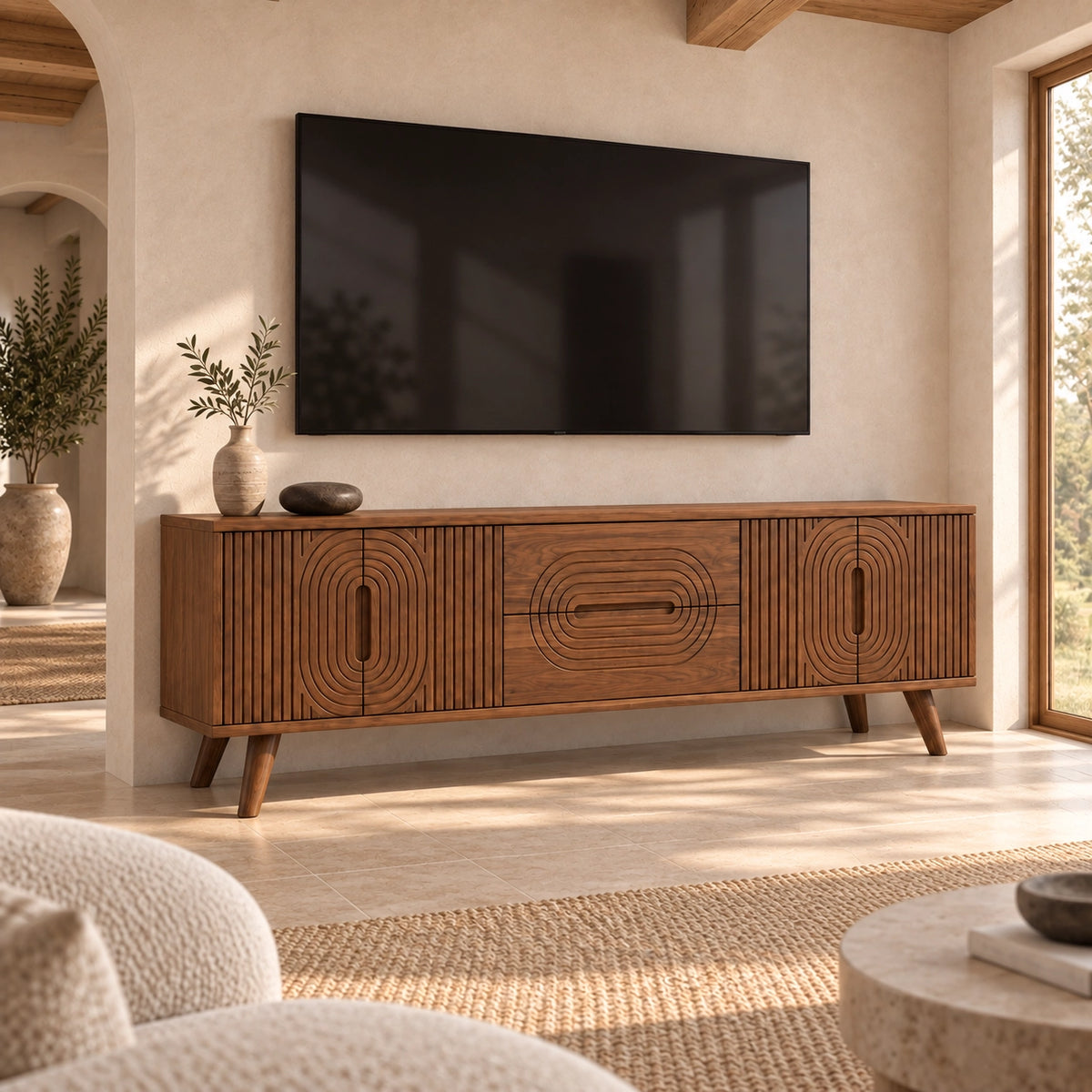 Minimalist TV Stand with Concentric Carved Storage in Natural Solid Wood - Rustiracraft - 1