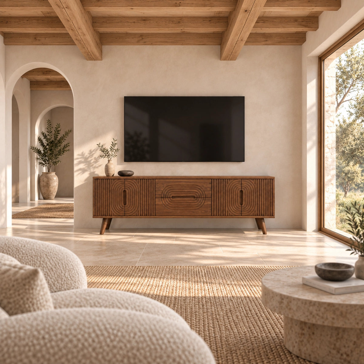 Minimalist TV Stand with Concentric Carved Storage in Natural Solid Wood - Rustiracraft - 2
