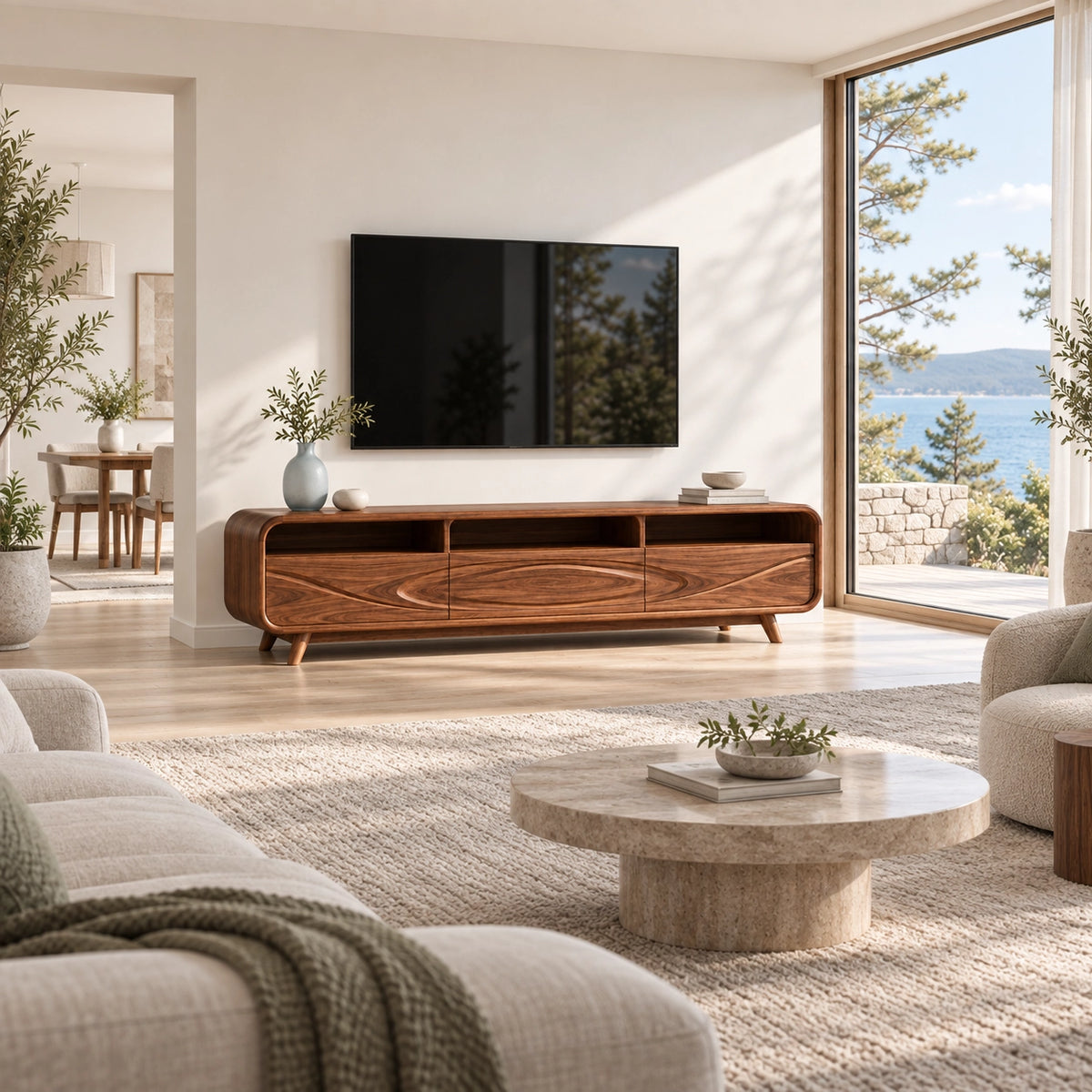 Minimalist TV Stand with Concentric Wave-Carved Drawers in Natural Solid Wood - Rustiracraft - 2
