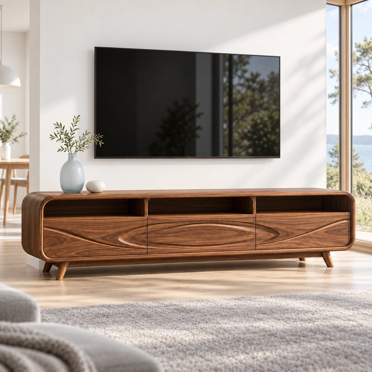 Minimalist TV Stand with Concentric Wave-Carved Drawers in Natural Solid Wood - Rustiracraft - 3