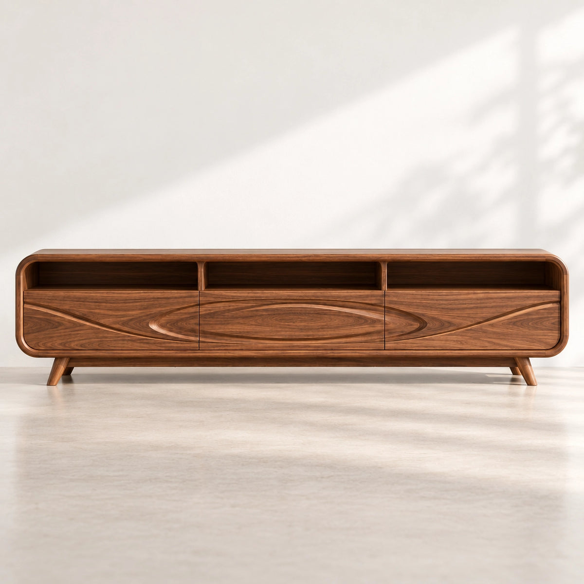 Minimalist TV Stand with Concentric Wave-Carved Drawers in Natural Solid Wood - Rustiracraft - 4