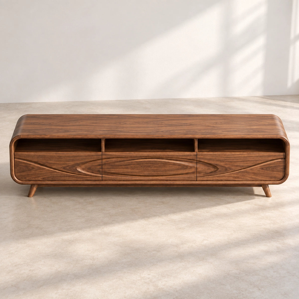 Minimalist TV Stand with Concentric Wave-Carved Drawers in Natural Solid Wood - Rustiracraft - 5