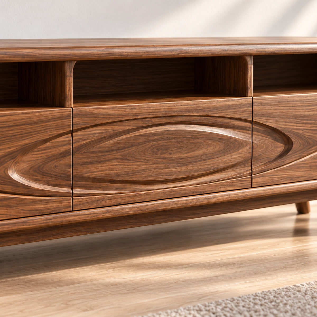 Minimalist TV Stand with Concentric Wave-Carved Drawers in Natural Solid Wood - Rustiracraft - 6