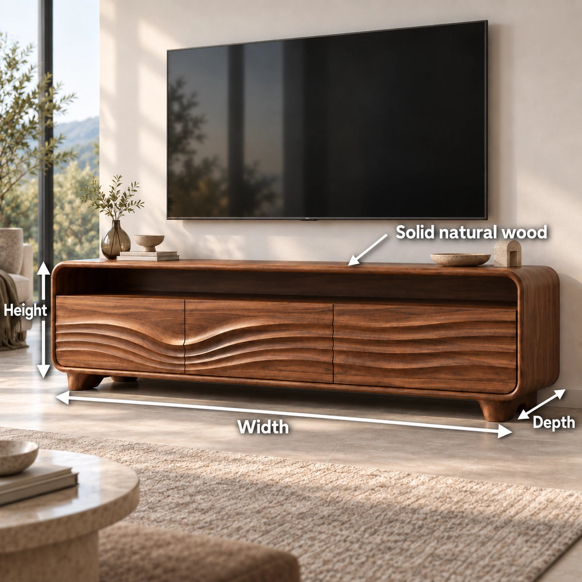 Minimalist TV Stand with Concentric Wave-Carved Drawers in Natural Solid Wood - Rustiracraft - 7