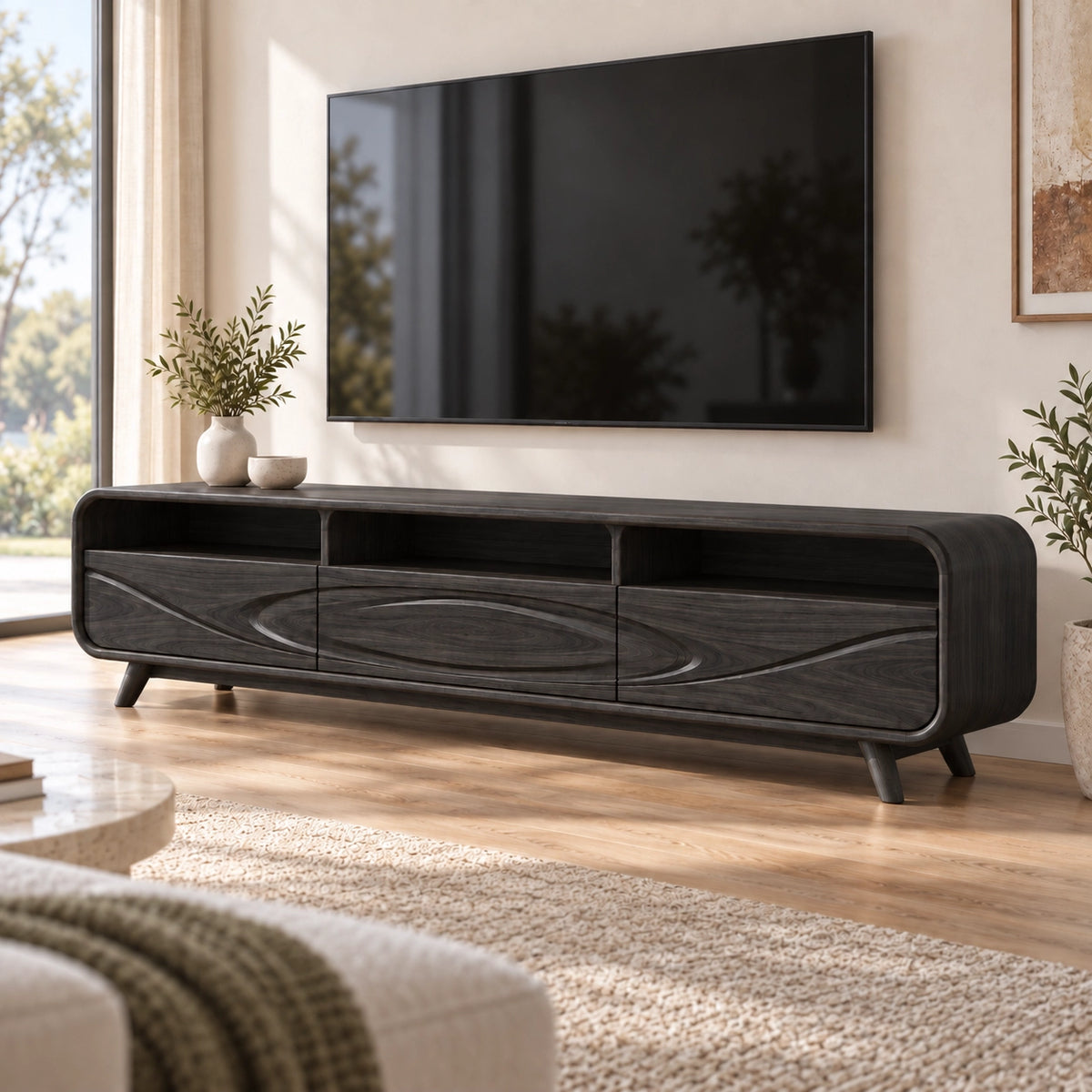 Minimalist TV Stand with Concentric Wave-Carved Drawers in Natural Solid Wood - Rustiracraft - 8