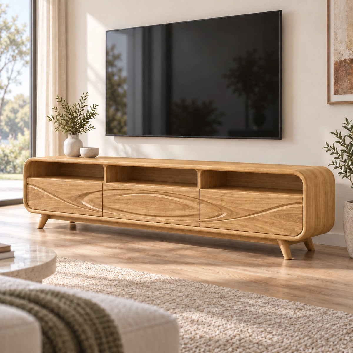 Minimalist TV Stand with Concentric Wave-Carved Drawers in Natural Solid Wood - Rustiracraft - 9