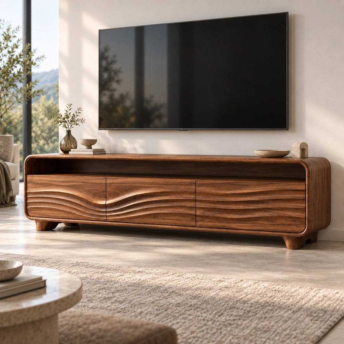 Minimalist TV Stand with Curved Storage Drawers in Natural Solid Wood - Rustiracraft - 1