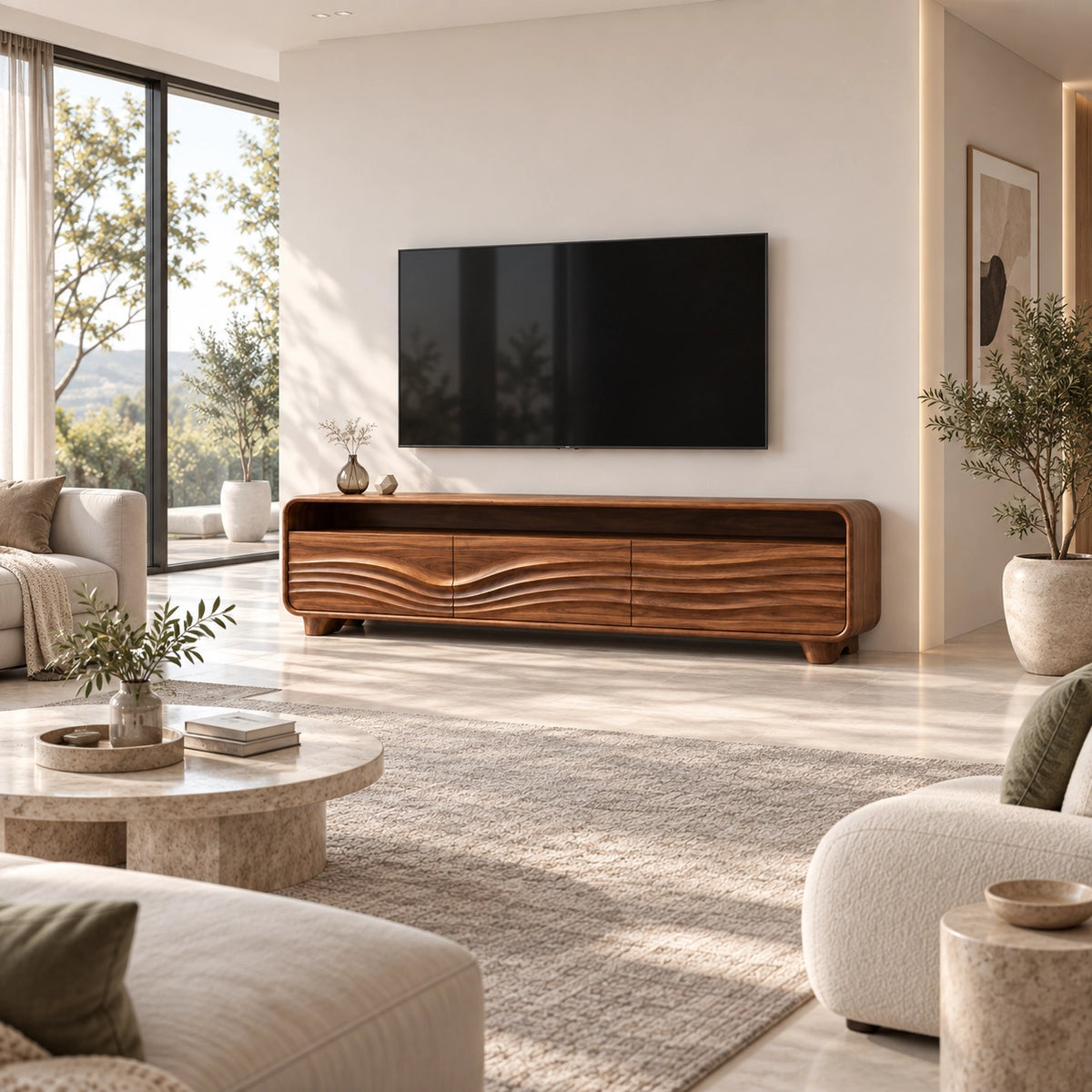 Minimalist TV Stand with Curved Storage Drawers in Natural Solid Wood - Rustiracraft - 2