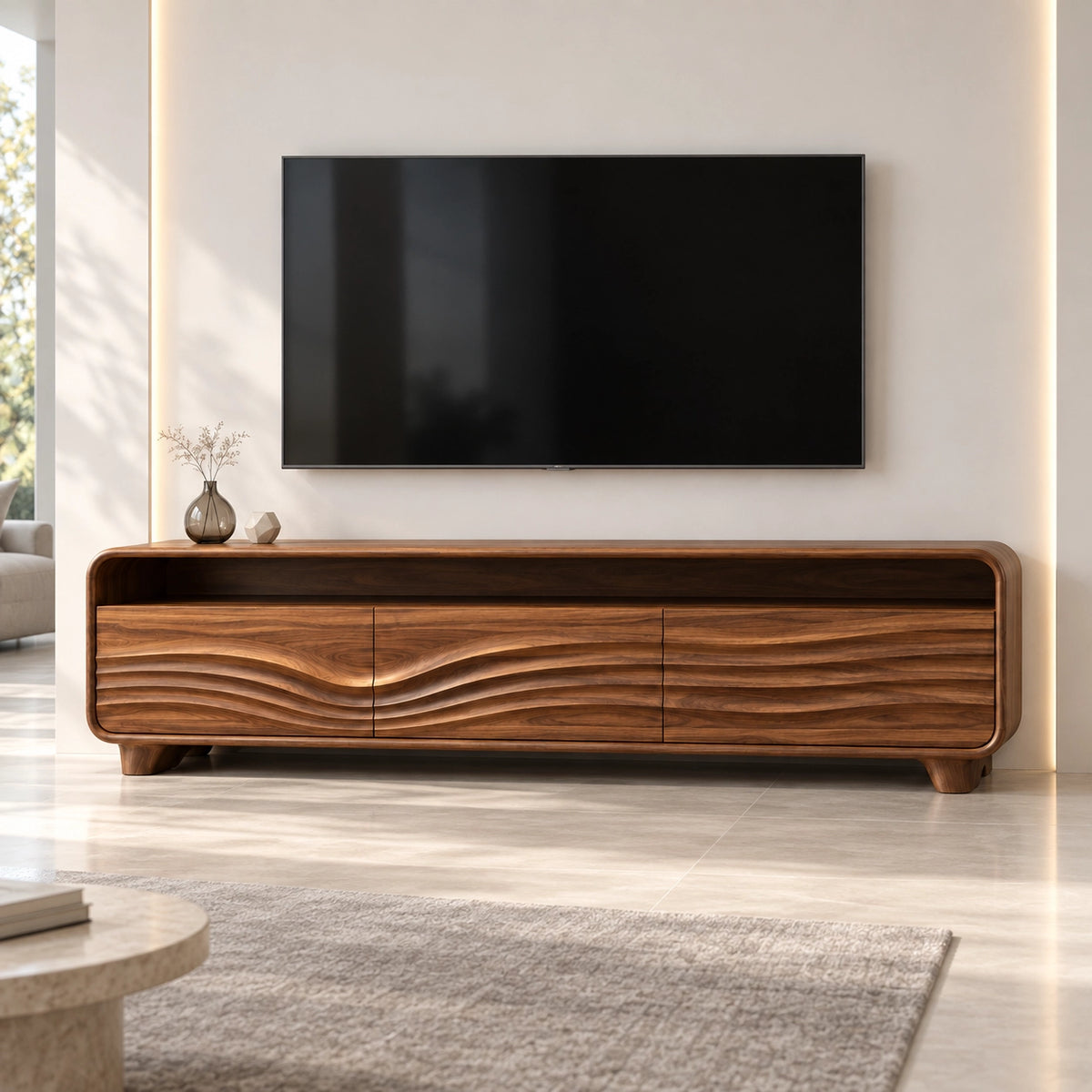 Minimalist TV Stand with Curved Storage Drawers in Natural Solid Wood - Rustiracraft - 3