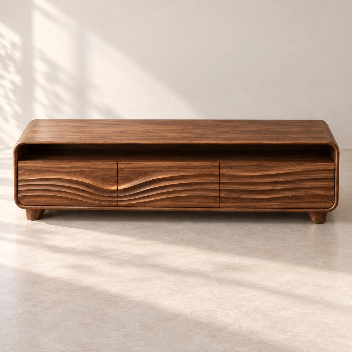 Minimalist TV Stand with Curved Storage Drawers in Natural Solid Wood - Rustiracraft - 4
