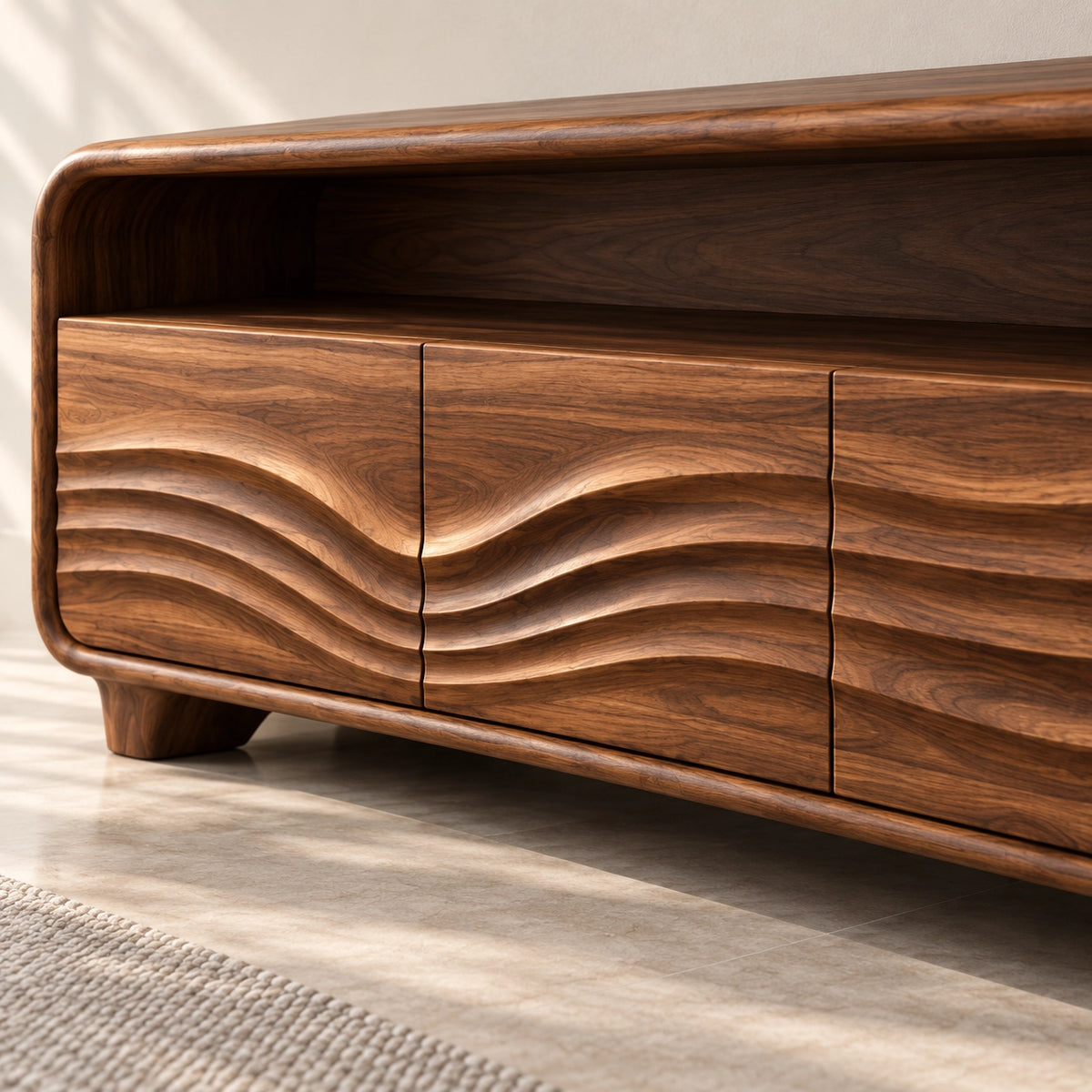 Minimalist TV Stand with Curved Storage Drawers in Natural Solid Wood - Rustiracraft - 5