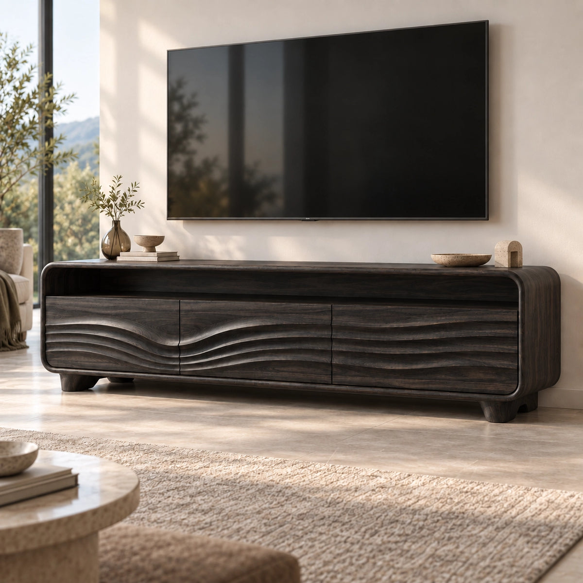 Minimalist TV Stand with Curved Storage Drawers in Natural Solid Wood - Rustiracraft - 6