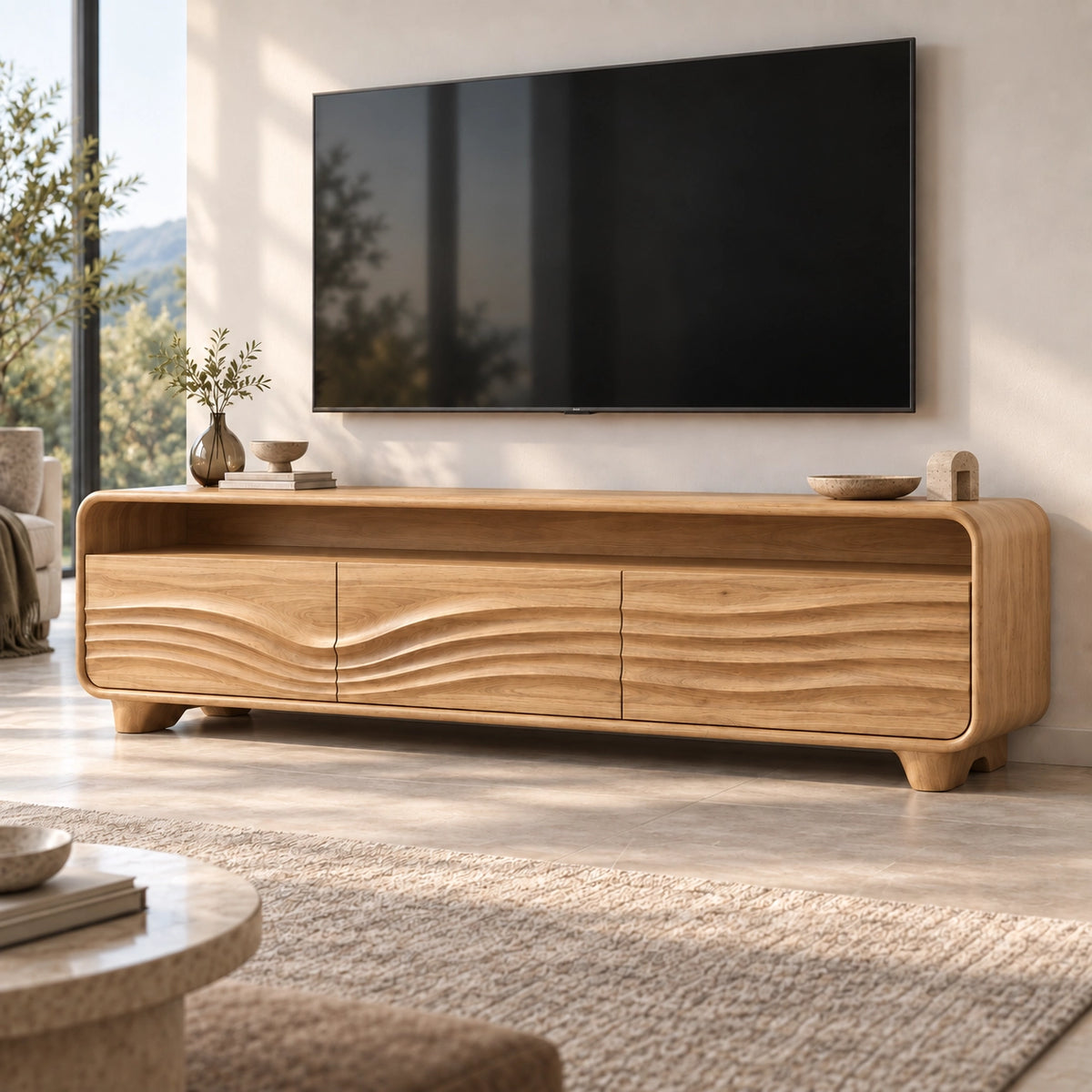 Minimalist TV Stand with Curved Storage Drawers in Natural Solid Wood - Rustiracraft - 7