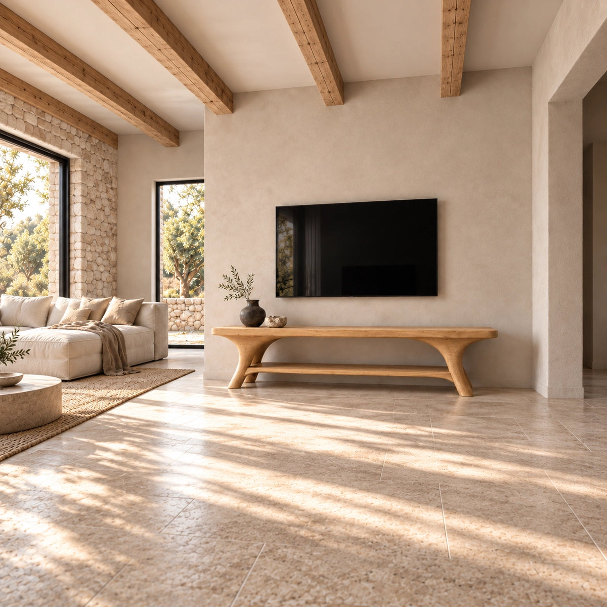 Minimalist TV Stand with Sculpted Legs in Natural Solid Wood for Living - Rustiracraft - 2